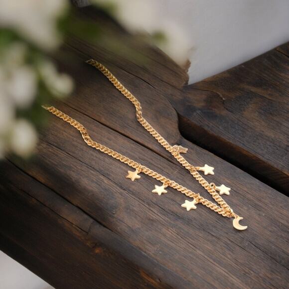 NEW 18K yellow gold plated Cuban chain boho star and moon necklace jewelry B 28A - Picture 6 of 10